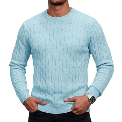 Herren Zopfmuster Pullover Rundhals Langarm Strickpullover Rippbündchen Slim Fit