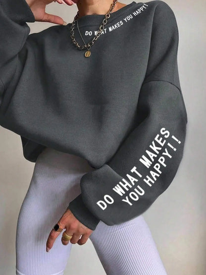 Damen Sweatshirt mit Spruch "DO WHAT MAKES YOU HAPPY!!" Rundhalsausschnitt Langarm