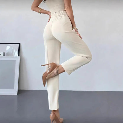 Damen Stoffhose mit hohem Bund und Bügelfalte – Cremefarben