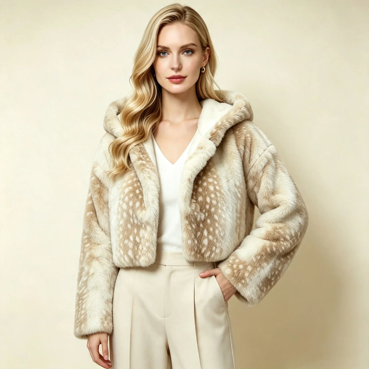 Kurze Damen Kapuzenjacke aus weichem Material mit Punktmuster in Beige