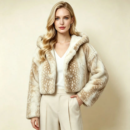 Kurze Damen Kapuzenjacke aus weichem Material mit Punktmuster in Beige