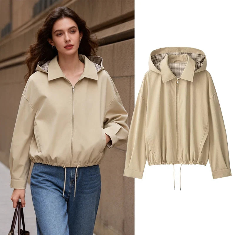 Damen Hoodiejacke Beige mit kariertem Futter