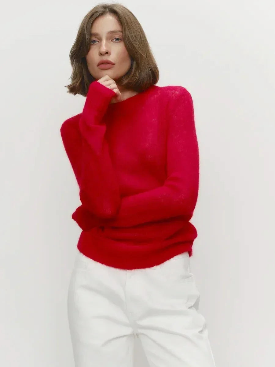 Damen Pullover leicht transparent Rundhals Strick Langarm