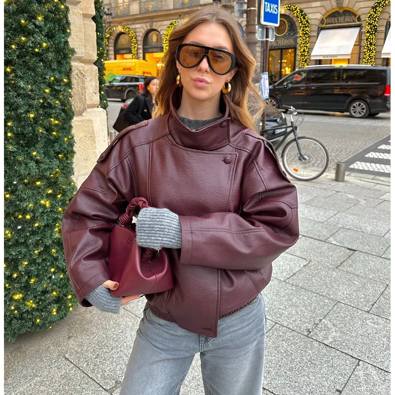 Damen Bikerjacke im Oversize-Stil mit Stehkragen und asymmetrischem Reißverschluss