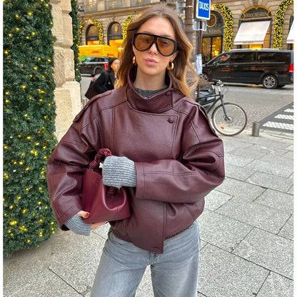Damen Bikerjacke im Oversize-Stil mit Stehkragen und asymmetrischem Reißverschluss