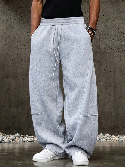 Herren Weite Hose Schwarz Kordelzug Baggy Freizeithose mit Nahtdetails