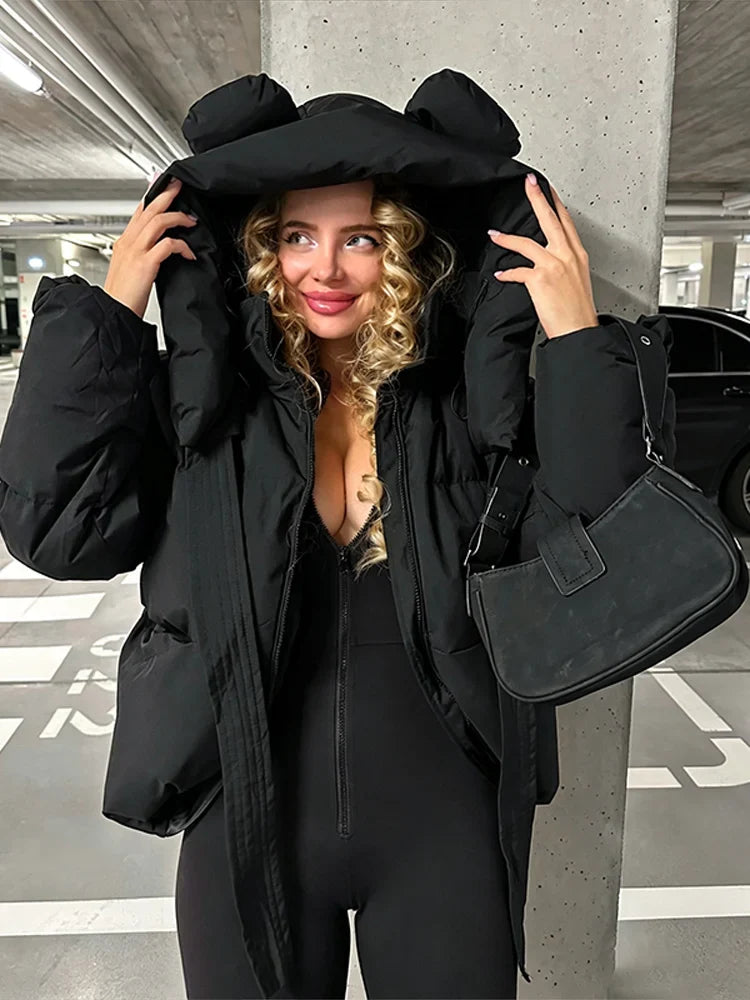 Damen Steppjacke mit Kapuze und Ohren Kurze Pufferjacke