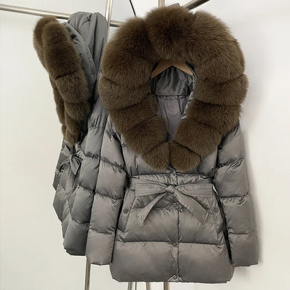 Damen Winter Steppjacke mit Kunstpelzkragen und Gürtel