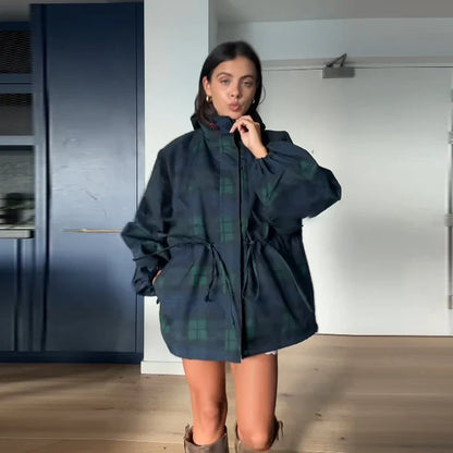 Damen Überwurfjacke kariert mit Kapuze