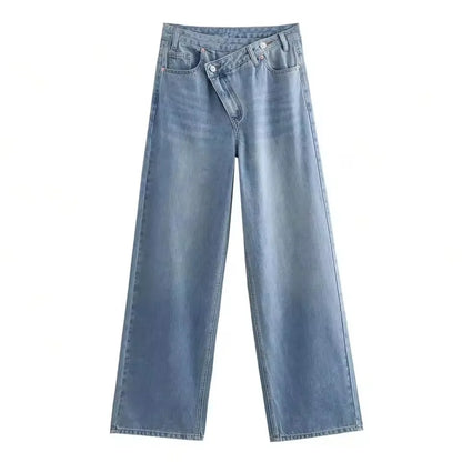 Damen Jeans Asymmetrischer Verschluss Hohe Taille Weites Bein