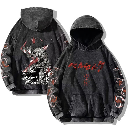 Oversized Kapuzenpullover Dunkelgrau mit Front- und Rückenprint und Ärmelprints