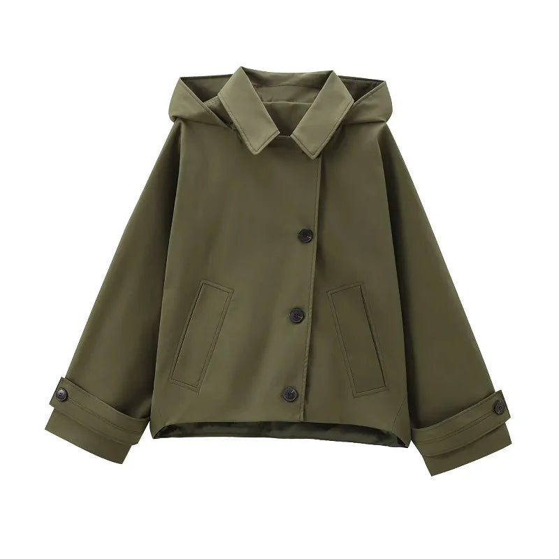 Kurze Jacke mit Kapuze für Damen, lockere Passform, olivgrün