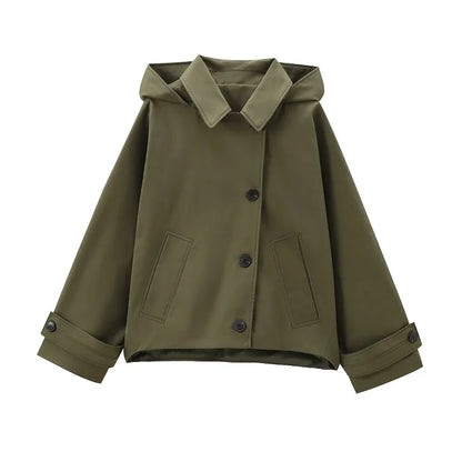 Kurze Jacke mit Kapuze für Damen, lockere Passform, olivgrün