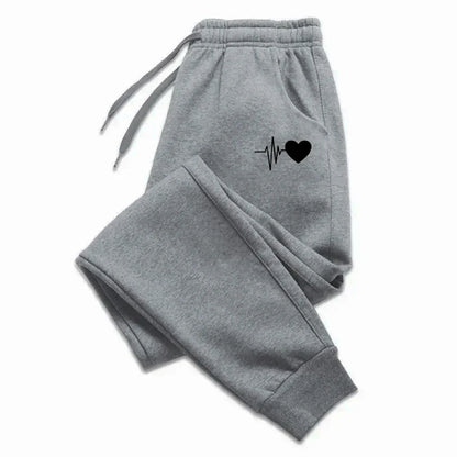 Unisex Jogginghose mit Herzschlag-Print, Kordelzug und Bündchen, Grau Melange