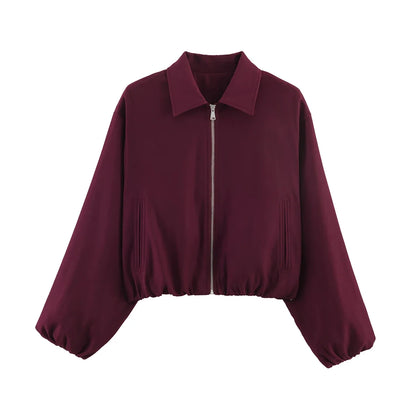 Damen Cropped Jacke Reißverschluss Stehkragen Langarm