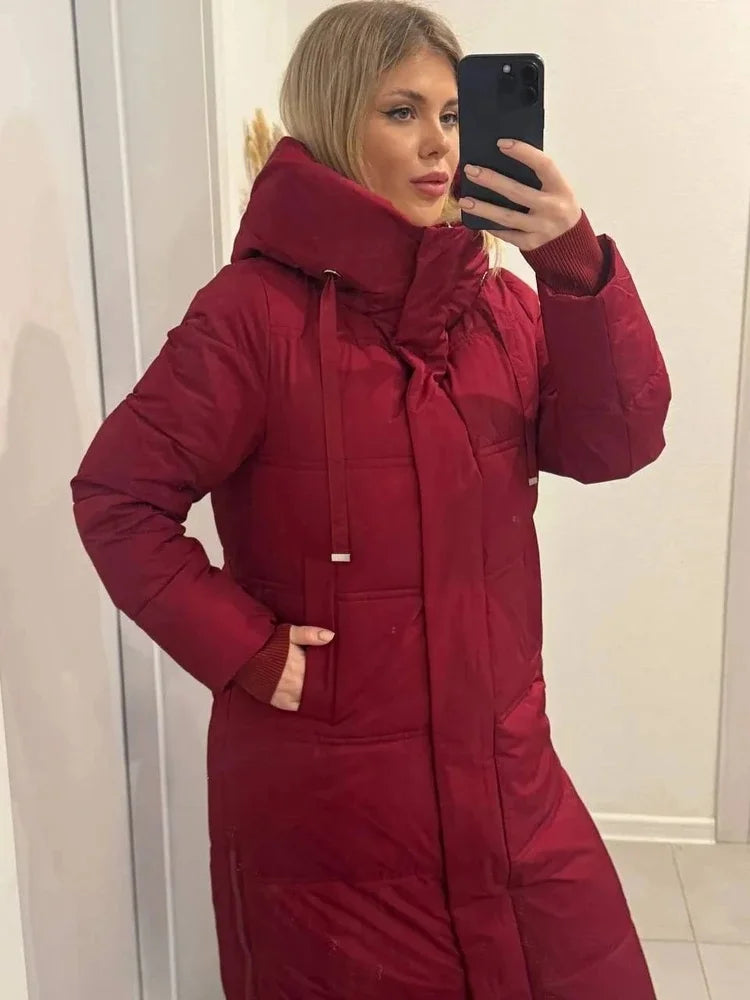 Damen Long Puffer Mantel mit Kapuze und Reißverschluss Rot