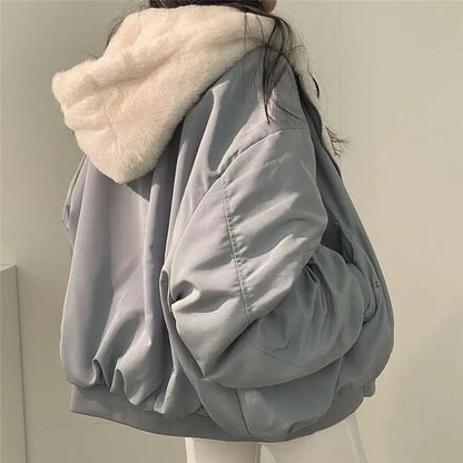 Damen Bomberjacke Wendejacke mit Kapuze Teddyfutter