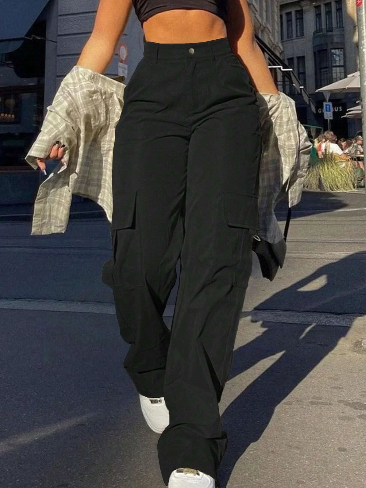 Damen Cargohose Weites Bein Hoher Bund Freizeithose