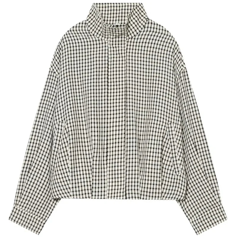 Damen Karo Hemd Stehkragen Oversize Bluse Lange Ärmel