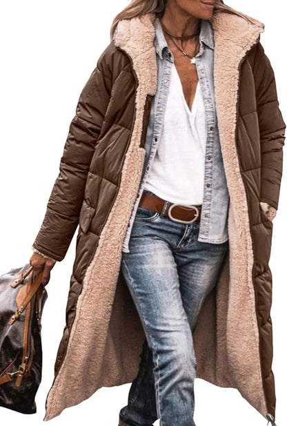 Damen Steppmantel Lang Winter Daunen-Optik mit Teddyfutter Kapuze