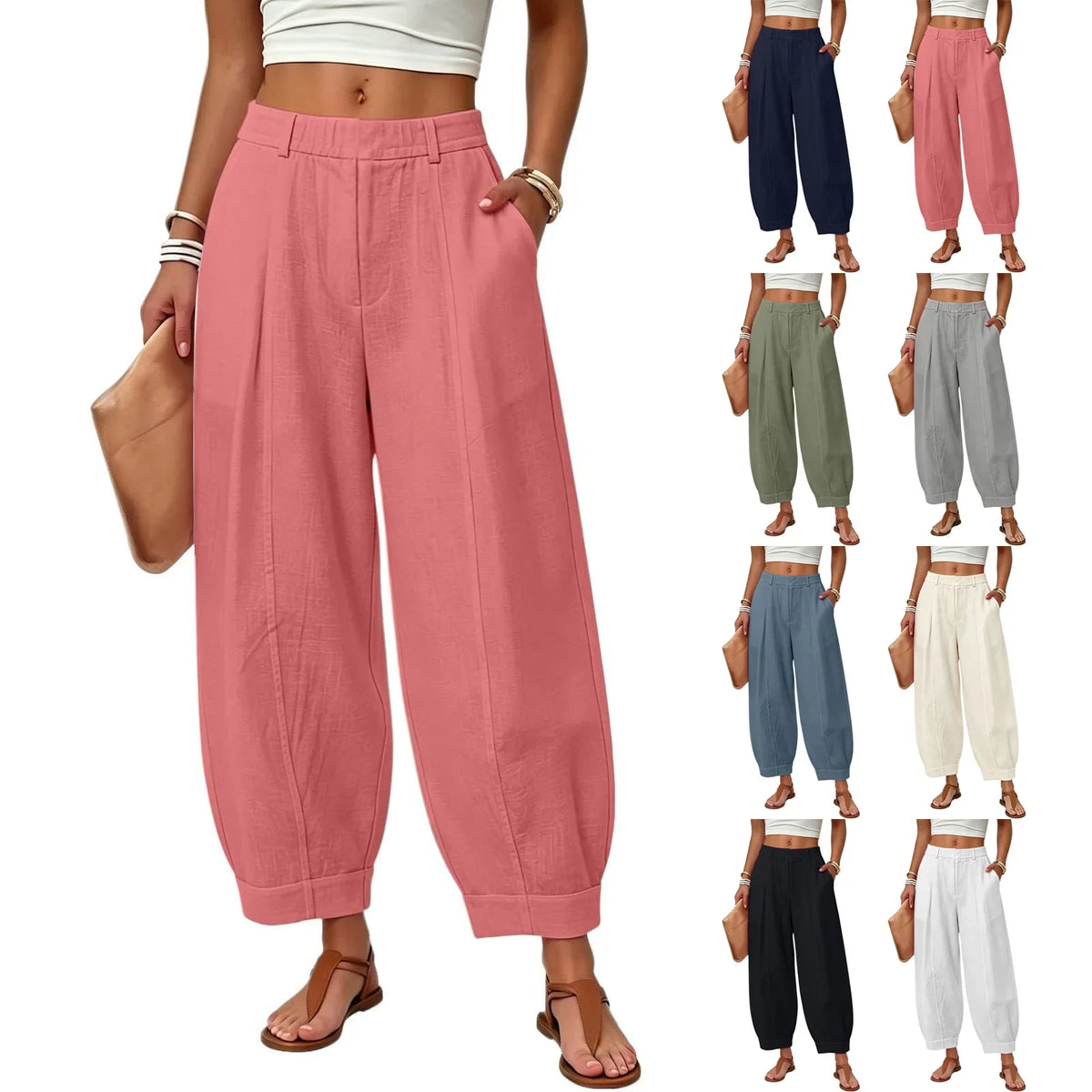 Damen Pumphose Weites Bein High-Waist Freizeithose mit Taschen