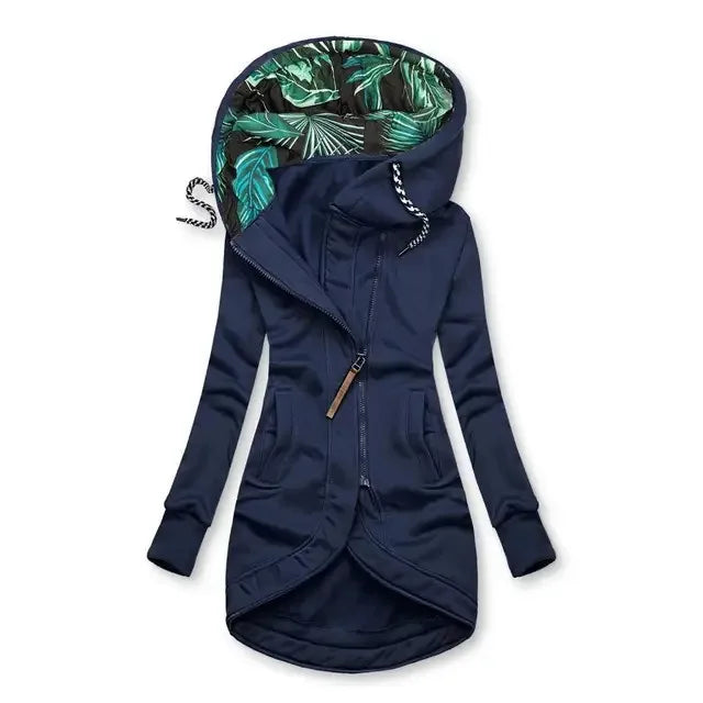 Damen Hoodie Jacke Lang Asymmetrischer Reißverschluss Kapuze mit Blattmuster