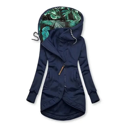 Damen Hoodie Jacke Lang Asymmetrischer Reißverschluss Kapuze mit Blattmuster