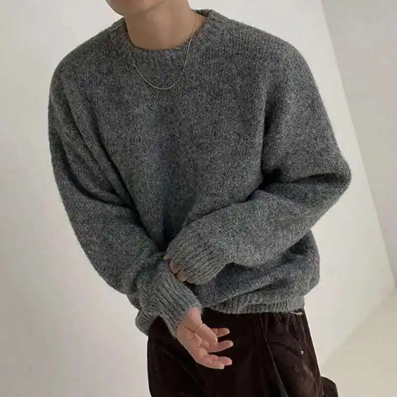 Grauer Strickpullover Rundhals für Herren, Langarm, Grobstrick