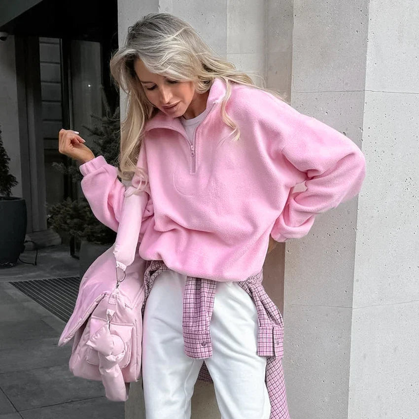 Damen Fleece Pullover Pink mit Reißverschluss Stehkragen