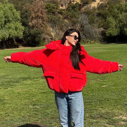 Damen Steppjacke mit Kapuze, kurzer Puffer-Stil, einfarbig, gefüttert