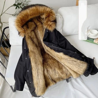 Herren Winterparka Schwarz mit Kapuze und luxuriösem Futter im Pelz-Look