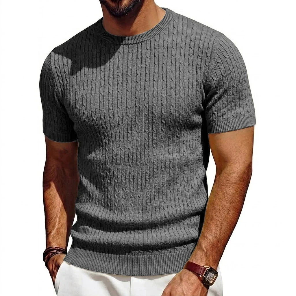 Herren Kurzarm Pullover Rundhals Strick mit Zopfmuster Marineblau
