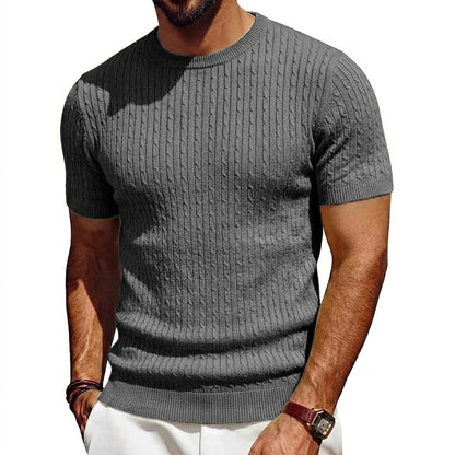 Herren Kurzarm Pullover Rundhals Strick mit Zopfmuster Marineblau