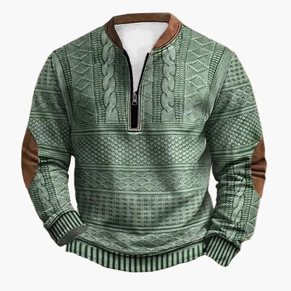 Herren Strickpullover im Vintage-Stil mit Reißverschluss – Modischer Freizeit-Sweater mit Kunstleder-Details