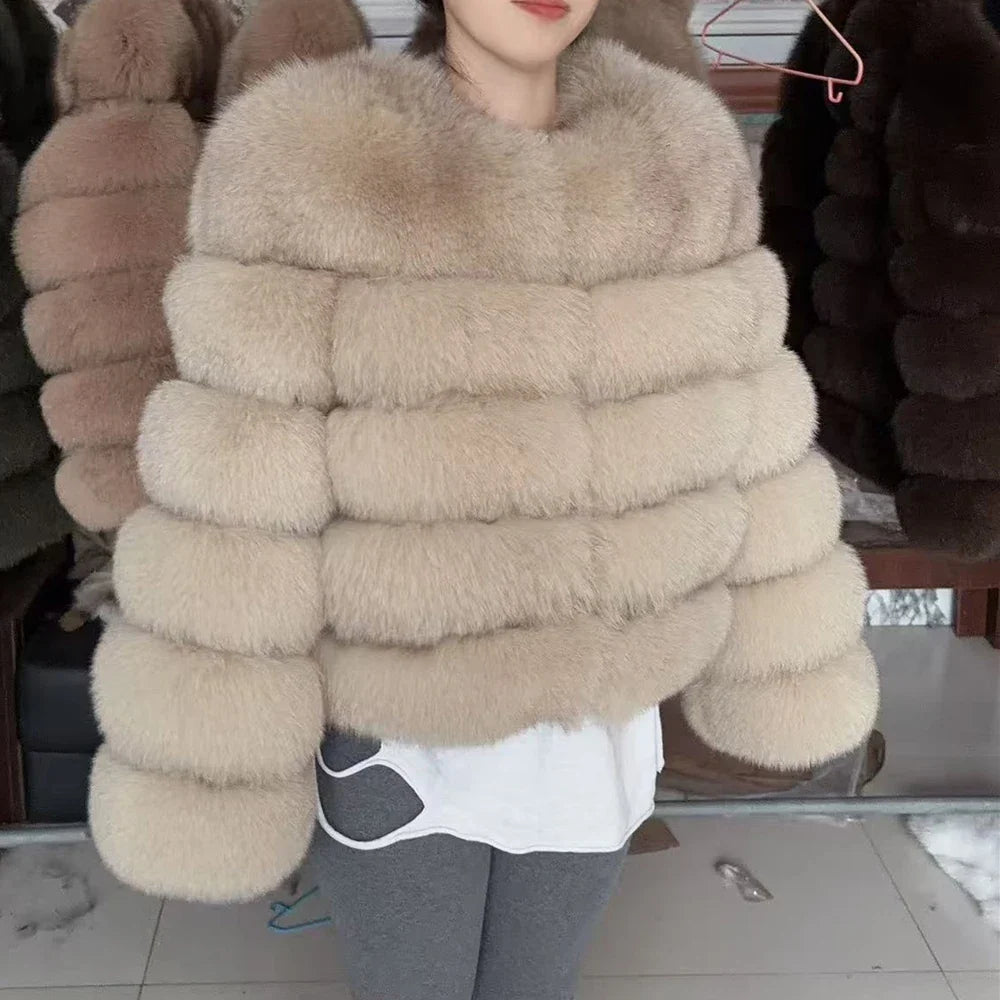 Damen Kurzjacke aus Kunstpelz, Winter Warmes Plüschjacke, Langarm Felljacke