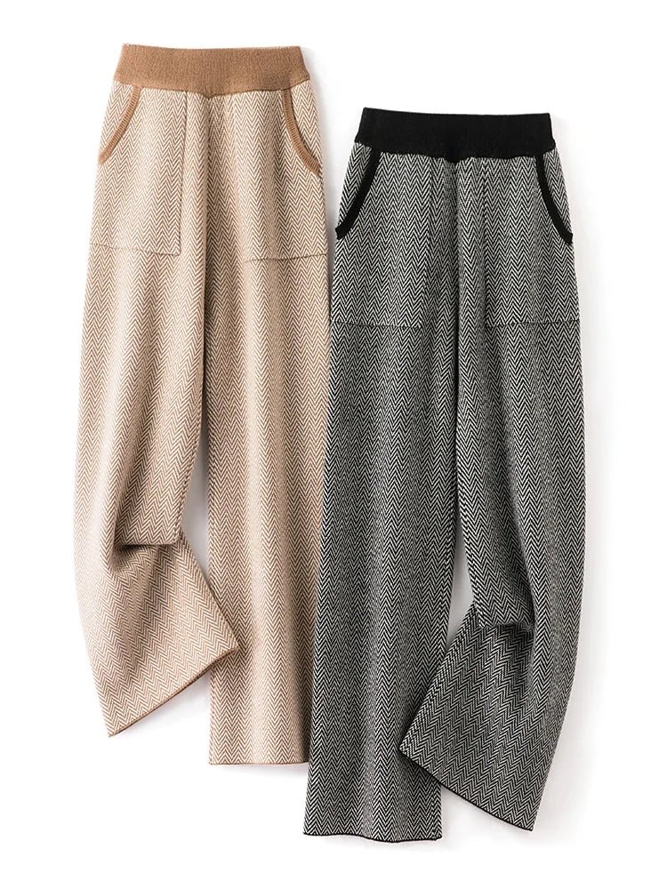 Damen Strickhose weit geschnitten mit Fischgrätmuster und seitlichen Taschen