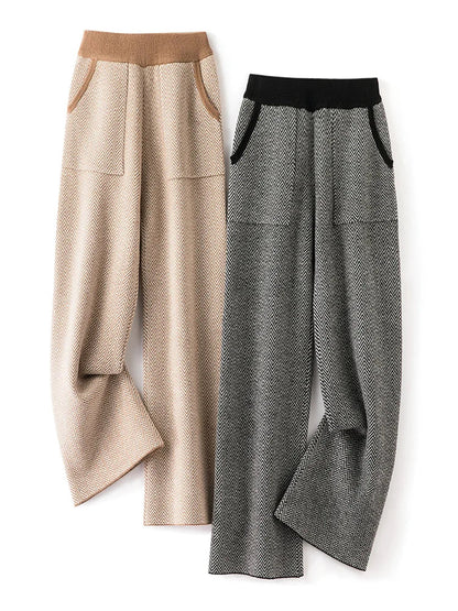 Damen Strickhose weit geschnitten mit Fischgrätmuster und seitlichen Taschen