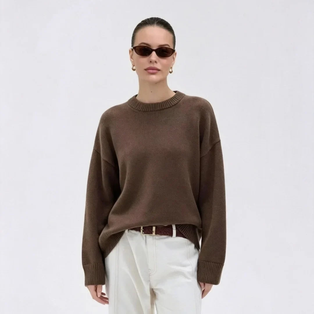 Damen Oversize Pullover Rundhals Rippstrickbündchen Lange Ärmel