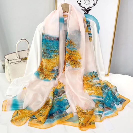 Damen Chiffon Schal mit Landschafts-Druck, leicht und transparent