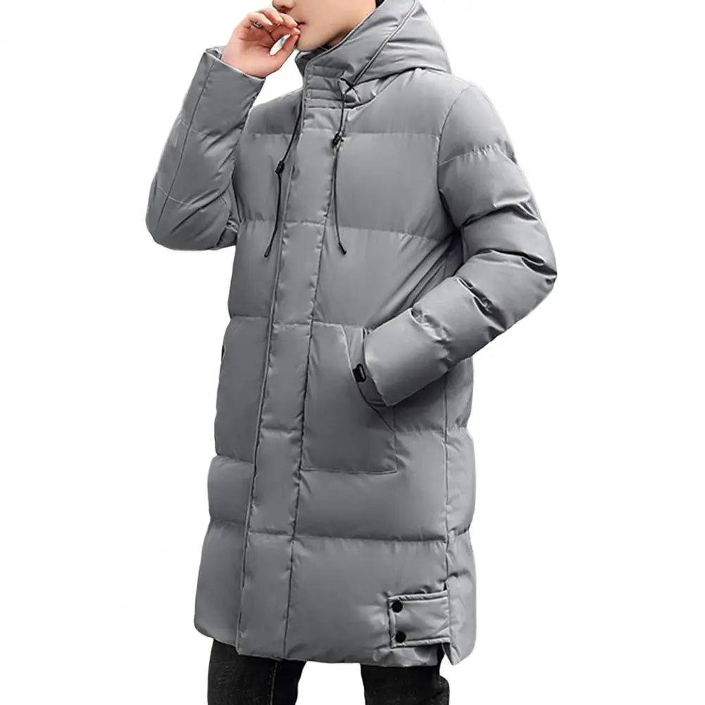Herren Daunenparka Winterjacke mit Kapuze Stehkragen Lang Schwarz
