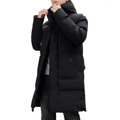 Herren Daunenparka Winterjacke mit Kapuze Stehkragen Lang Schwarz