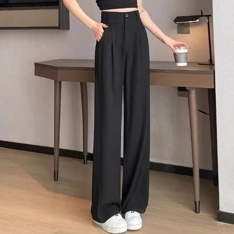 Damen High-Waist Stoffhose mit weitem Bein – Pleat Design