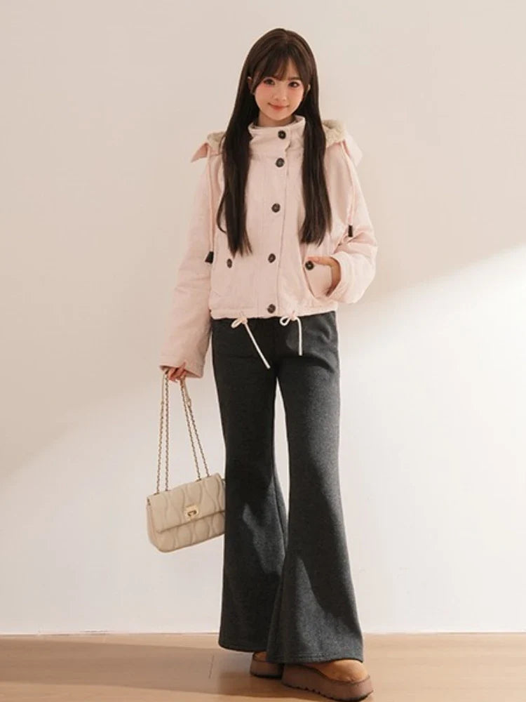 Kurze Damen Cordjacke mit Kapuze und Teddyfutter Rosa