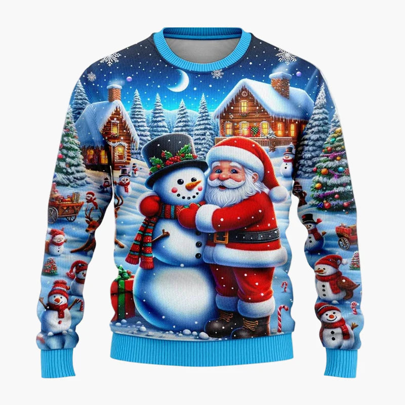 Herren & Kinder Weihnachtspullover – Lustiger Santa & Schneemann, Winterlicher 3D Ugly Christmas Sweater