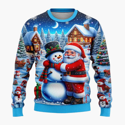 Herren & Kinder Weihnachtspullover – Lustiger Santa & Schneemann, Winterlicher 3D Ugly Christmas Sweater