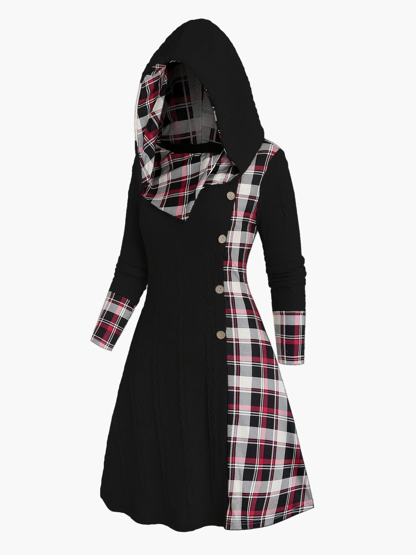 Damen Kapuzenkleid im Strick-Look mit Karomuster – Elegantes Freizeitkleid mit Knopfleiste