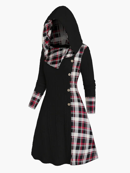 Damen Kapuzenkleid im Strick-Look mit Karomuster – Elegantes Freizeitkleid mit Knopfleiste