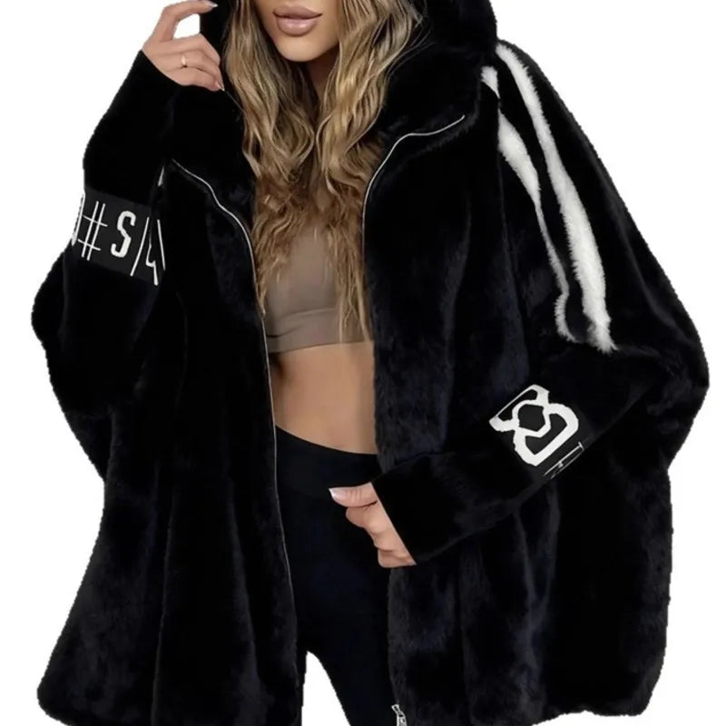 Damen Hoodie Jacke Plüsch Optik mit Strickärmeln und Reißverschluss