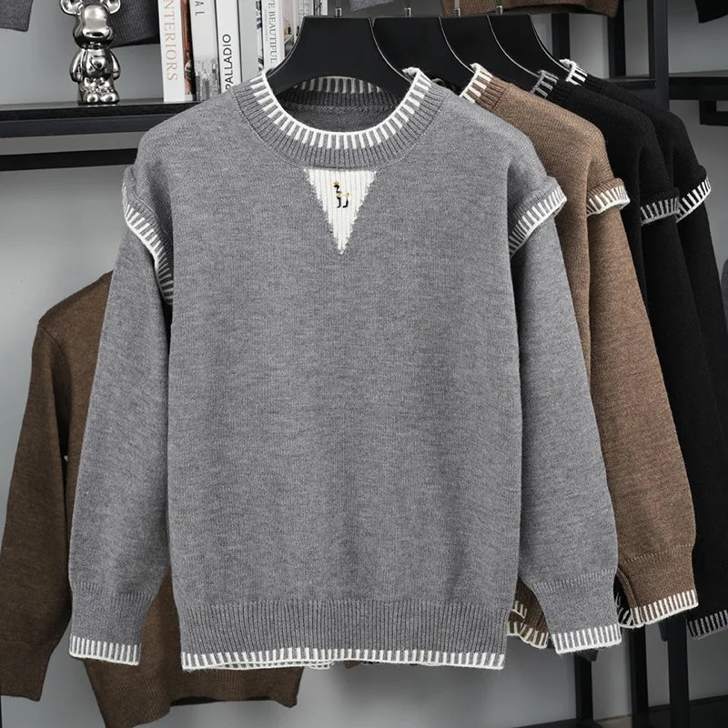 Herren Pullover Strick Rundhals Stickerei Grau Weiß Muster