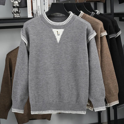 Herren Pullover Strick Rundhals Stickerei Grau Weiß Muster
